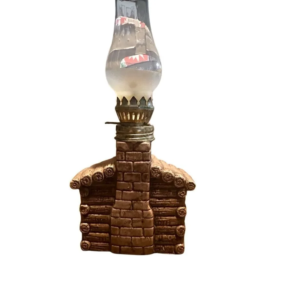 Vintage 1960s Ceramic Mini Log Cabin Mountain Men Kerosene Oil Lamp 8.5”